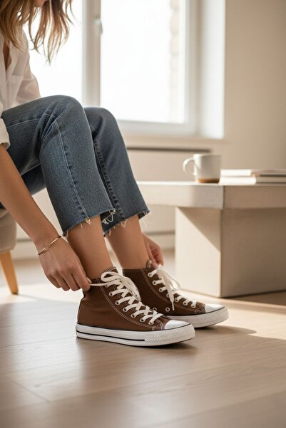 Lideral Unisex Acı Kahverengi Uzun Bilekli Keten Spor Ayakkabı