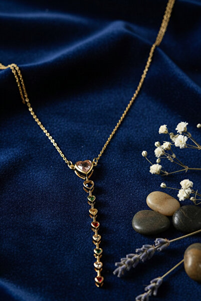 Birmem Kadın Gold Rengi Renkli Kalp Taşlı Y Model Çelik Kolye