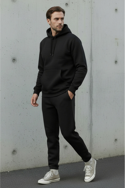 Sizce Moda Ανδρικό σετ φόρμας με κουκούλα από μαλακό βαμβακερό ύφασμα με 3 κλωστές και εσωτερικό φλις