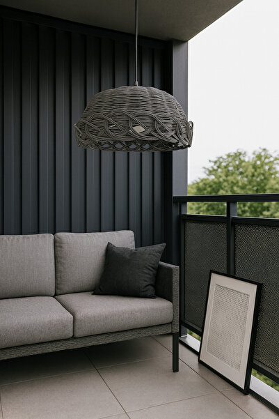 Turkish Belkıs Rattan Rattan Bambu Hasır Sarkıt Gri Antrasit Avize 35 Cm