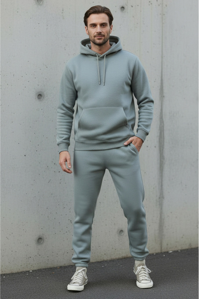 Sizce Moda Men's Gray Regular Cotton 3 Thread Soft Textured Fleece Lined Hooded Tracksuit Set