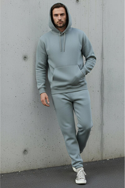 Sizce Moda Men's Gray Regular Cotton 3 Thread Soft Textured Fleece Lined Hooded Tracksuit Set
