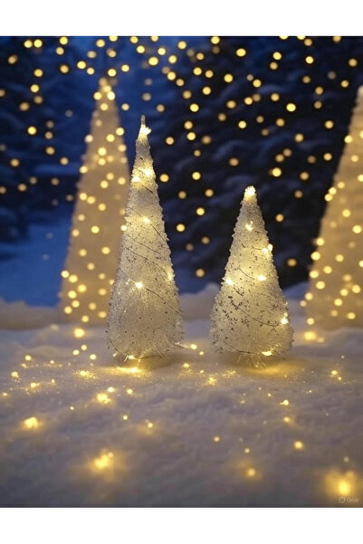 AtölyeKekik Işıklı 2'li Mini Çam Ağacı Seti(15cm-20cm) Beyaz