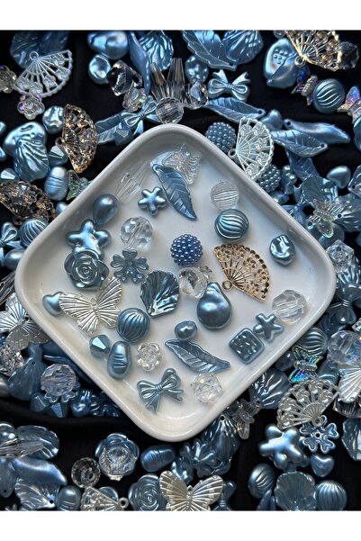 Bijumix Aksesuar 40 Adet Sedefli Mavi Şeffaf Mavi Karışık Figürlü Plastik Boncuk