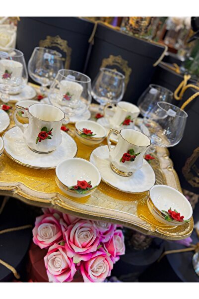 Handmade Esterhomedecor 6-Person Capodimonte Porcelain Coffee Cup, Glass and Turkish Delight Holder Set