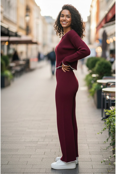 YusGos Women's Crew Neck Shepherd Stitch Knit Crop Sweater Pants Knitwear Top and Bottom Set Burgundy-Xs