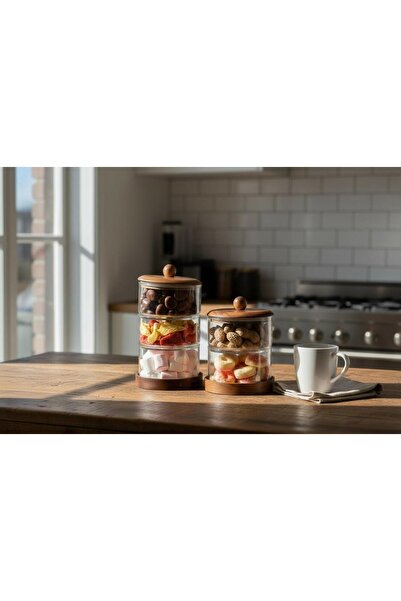 Sade Hediye 3 Katlı ve 2 Katlı Akasya Tablalı Vakum Kapaklı Baharatlık Takımı