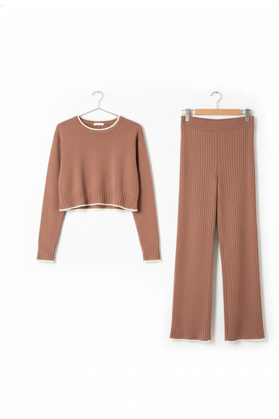 YusGos Women's Crew Neck Shepherd Stitch Knit Crop Sweater Pants Knitwear Top and Bottom Set Dusty Rose-S