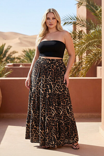 Stil Diva Plus Size Wrinkle Fabric Leopard Patterned Elastic Waist Skirt 304237