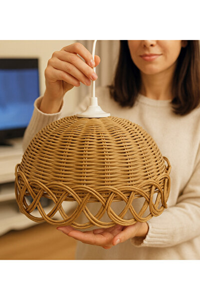 StapHome Bohem Rattan Bambu Hasır Avize Çap 30cm Açık Krem Renk