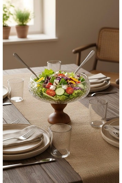 silvia home decor Büyük Boy Cam Sunumluk Ahşap Ayaklı Sunumluk Meyvelik Salat...