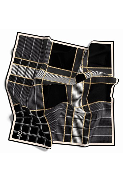 VİOLLA Kristal Geometrik  Desenli Siyah Renkli 90x90 Eşarp (İpek İçermez) Kenar Dikiş Şekli El Dikişli