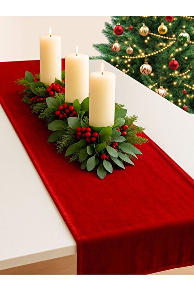 Perle Yıl Başı Konsepti Kadife Dokulu Kırmızı Renk Runner Daily Series 40 X 140