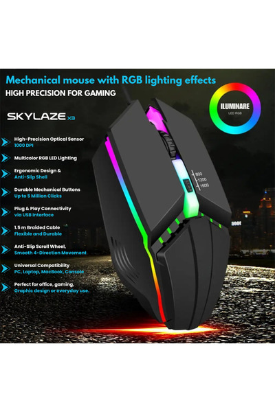 Skylaze Ενσύρματο ποντίκι παιχνιδιών X3 Αναβάθμιση, RGB, 1600 DPI, 3 επίπεδα DPI, Εργονομικό, USB 1,5 m, Μαύρο