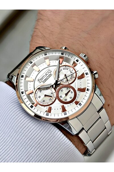 Ferrucci ساعة يد رجالية بسوار فولاذي بلون أزرق داكن معدني مدخن