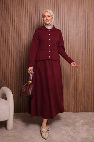 Mogi Butik Women's Tight Knit Polo Neck Cardigan with Skirt Hijab Knitwear Set 3137