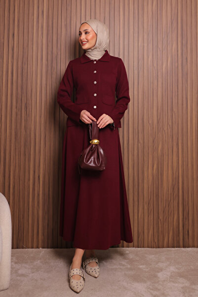 Mogi Butik Women's Tight Knit Polo Neck Cardigan with Skirt Hijab Knitwear Set 3137