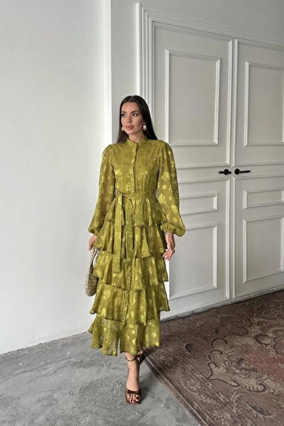 Butik Оливково-зелена сукня з воланами та стрічками