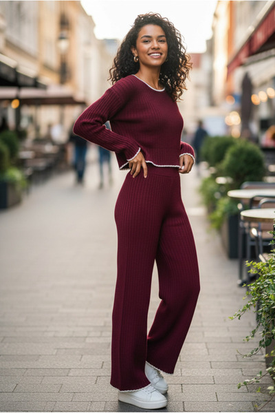 YusGos Women's Crew Neck Shepherd Stitch Knit Crop Sweater Pants Knitwear Top and Bottom Set Burgundy-Xs