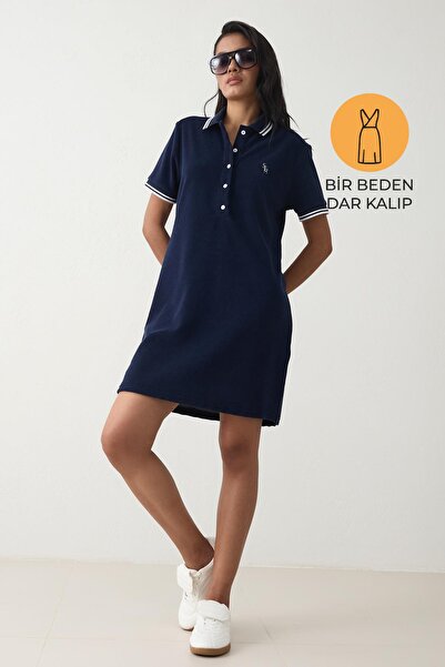 Setre Синя вузька модель з ґудзиками спереду та коміром, короткі рукави, міні-сукня з смугастої тканини