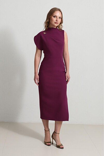 Setre Dark Fuchsia One Shoulder Detailed Full Mold Midi Length Dress