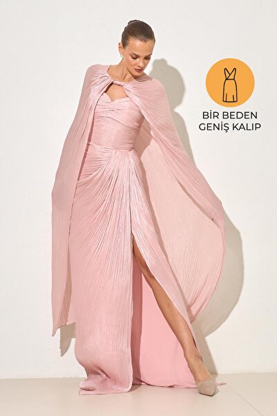 Setre Wide Fit Evening Dress with Powder Cape and Drape Detail