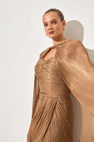 Setre Dark Gold Cape and Drape Detailed Wide Fit Evening Dress