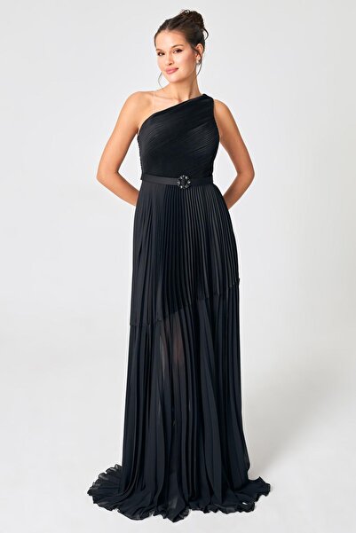 Setre Black One Shoulder Evening Dress with Belt and Transparent Detail at the Waist and Skirt