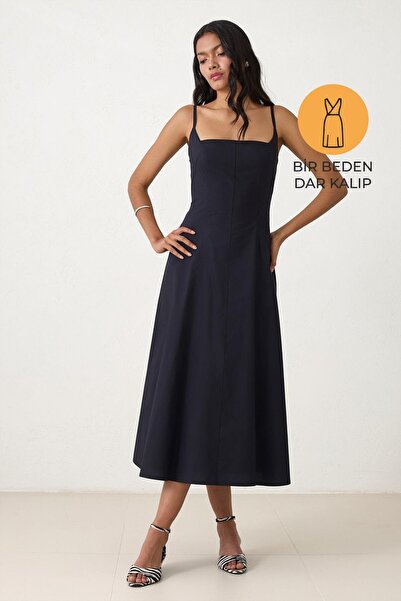 Setre Black Slim Fit 100% Cotton Strap Waist Midi Length Slim Fit Dress