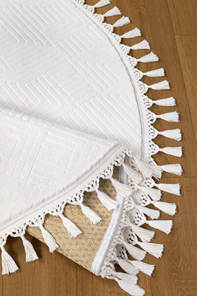 Valery Home Rölyef Aden Daire Krem Kaymaz Taban Kesme Halı Pon Pon