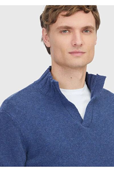 Ramsey Indigo Half Turtleneck Plain Knit Wool Blend Sweater