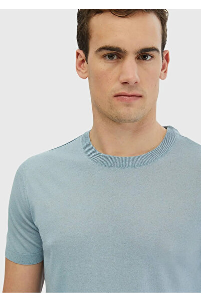 Ramsey Light Blue Crew Neck Plain Knit Linen Blended Sweater