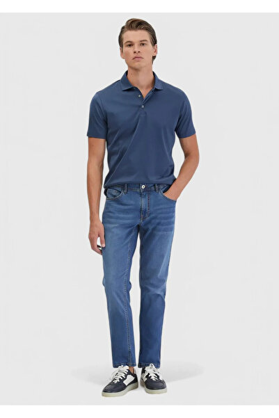 Ramsey Blue Straight Slim Fit Denim Cotton Blended Trousers