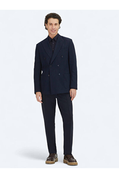 Kip Navy Blue Plain Modern Fit Wool Blend Jacket