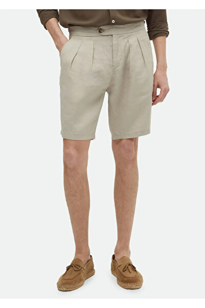 Ramsey Beige Linen Bermuda - Plain Weave, Carrot Fit, Casual 100% Linen