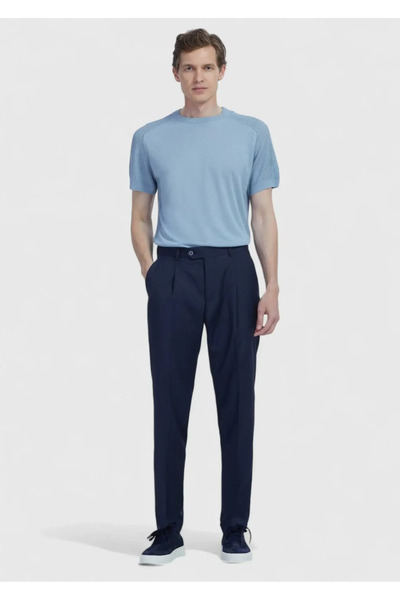 Ramsey Παντελόνι από μονόχρωμο ύφασμα Navy Blue εφαρμοστό Casual 100% μαλλί