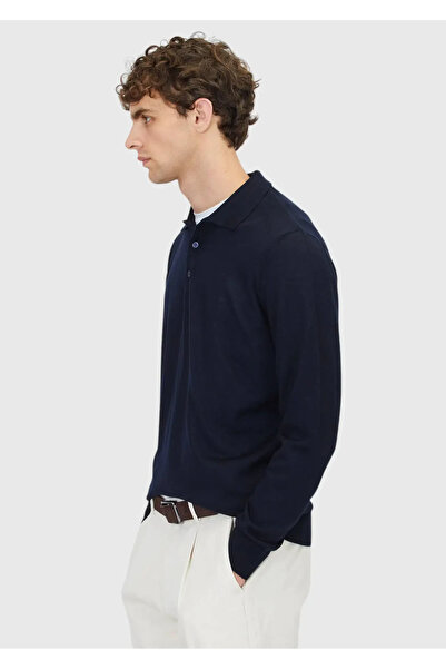 Ramsey Navy Blue Polo Neck Plain Knit Wool Blended Sweater