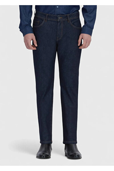 Ramsey Navy Blue Straight Slim Fit Denim Cotton Blended Trousers