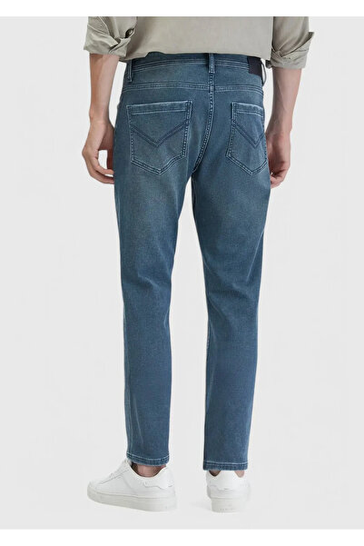 Ramsey Blue Straight Slim Fit Denim Cotton Blended Trousers