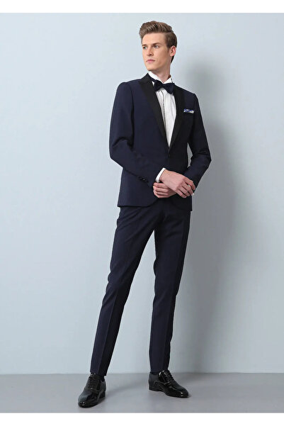 Ramsey Saks Düz Fashion Slim Fit Kruvaze Yaka Dokuma Smokin Takım Elbise