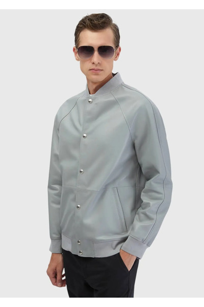 Ramsey Gray Regular Fit Stand Collar Casual Sheepskin Leather Coat