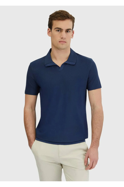 Ramsey Indigo Jacquard Polo Neck 100% Cotton T-Shirt