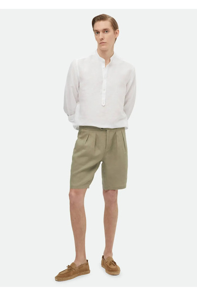 Ramsey Light Green Carrot Fit Casual Bermuda - 100% Linen