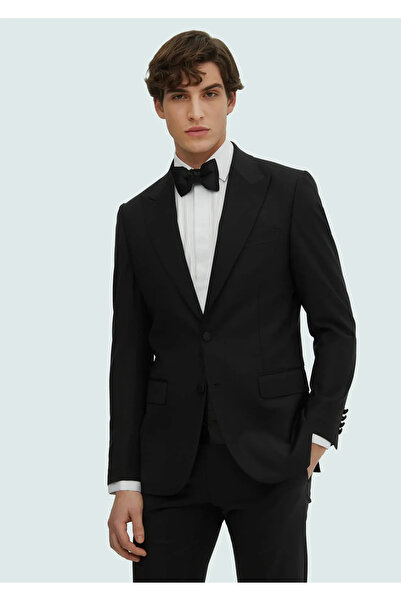 Ramsey Siyah Düz Thin&taller Slim Fit Kruvaze Yaka Dokuma Smokin Takım Elbise