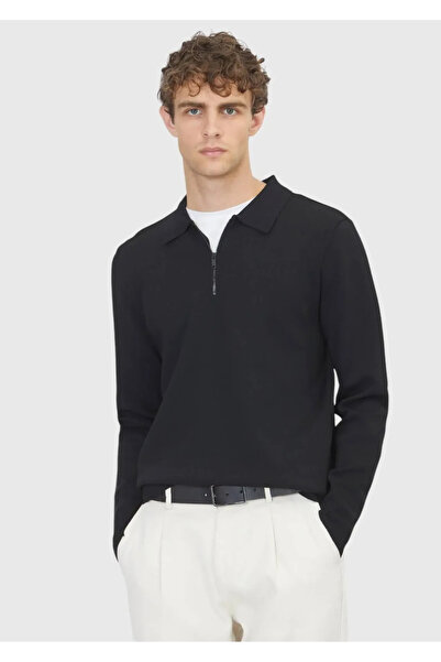 Ramsey Siyah Polo Yaka Düz Örgü Triko Kazak