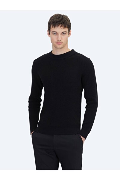 Kip Black Crew Neck Jacquard Knitwear Sweater