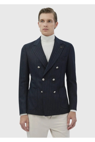 Ramsey Μπλουζάκι με ρίγες Navy Blue Shoulder Slim Fit Μάλλινο Μπουφάν