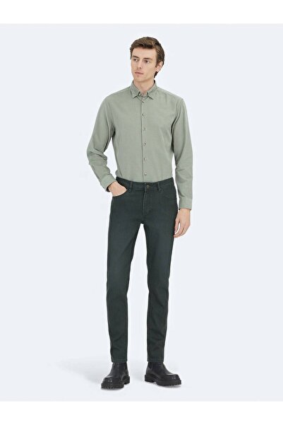 Kip Khaki Slim Fit Denim Cotton Blended Trousers