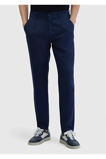 Ramsey Navy Blue Plain Woven Jogging Fit Casual 100% Linen Trousers