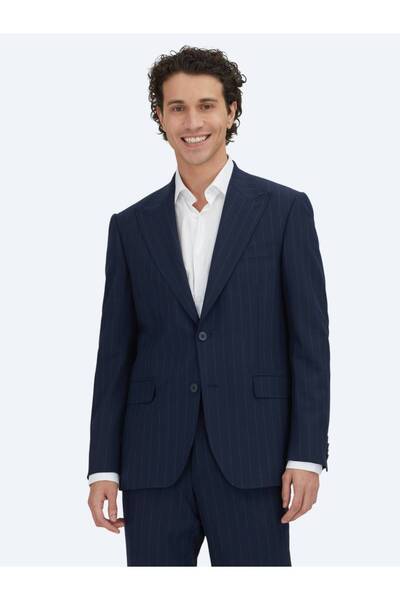 Kip Navy Blue Striped Modern Fit Wool Blend Suit